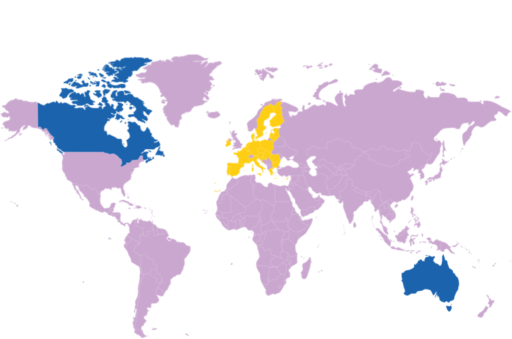 World map with EU, Australia, and Canada highlighted