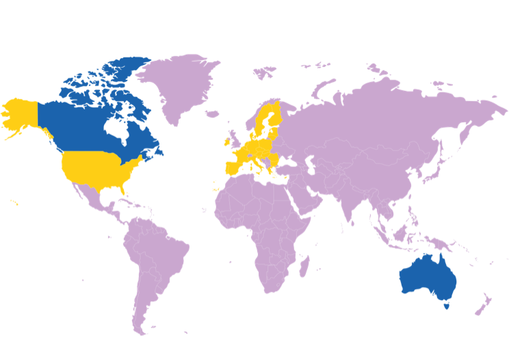 World map with EU, Australia, Canada, and U.S. highlighted